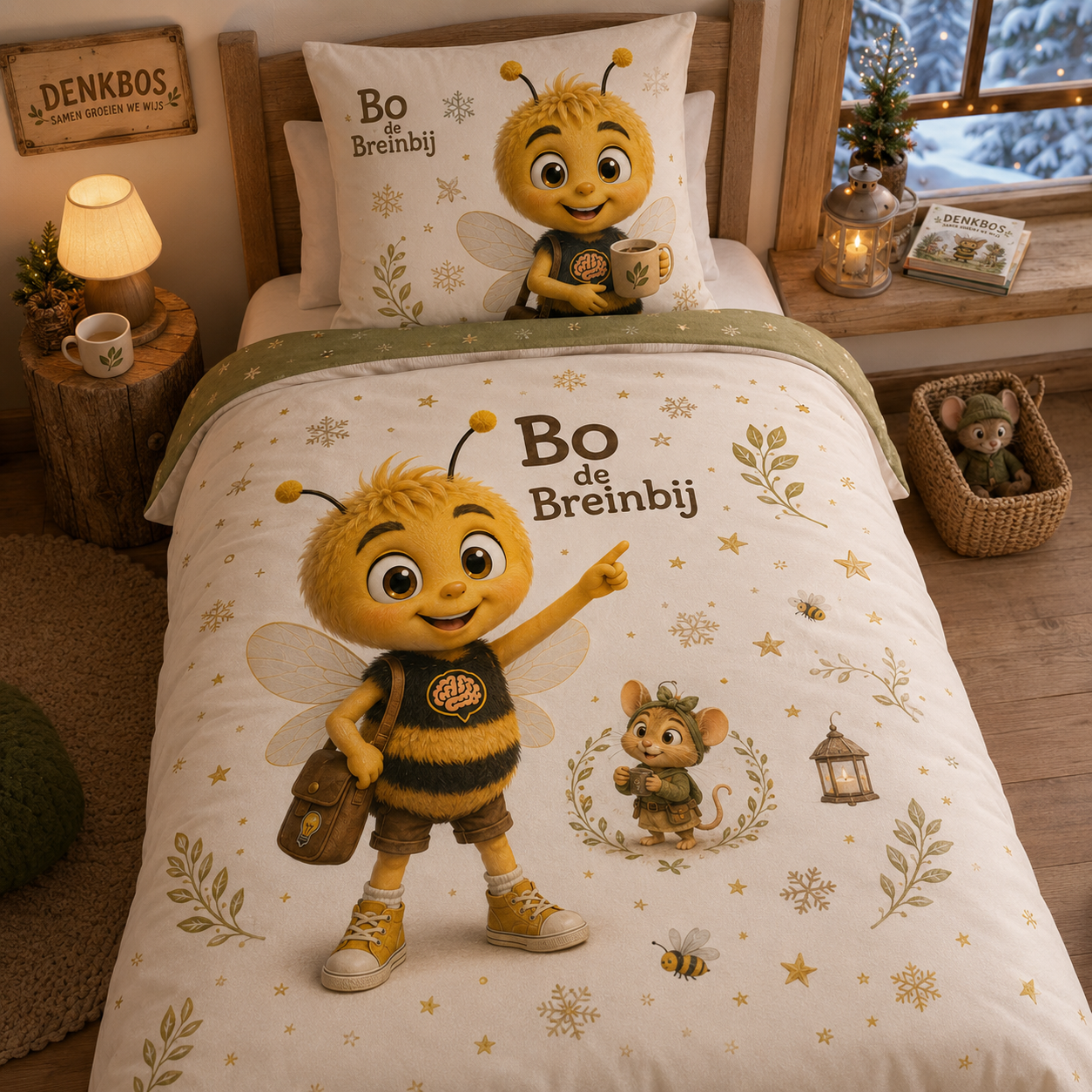 Conceptbeeld van Bo de Breinbij op beddengoed